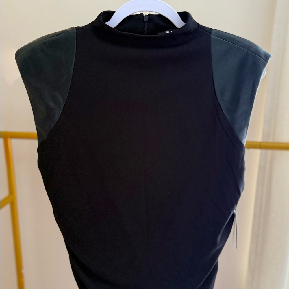 DKNY Black Sleeveless Top w/ Faux Leather Shoulders & Ruching Detail